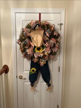 Fall Sunflower Scarecrow Wreath with Denim Legs - Beige Hat